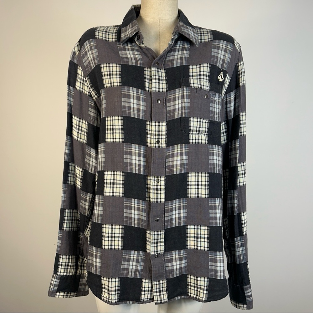 Volcom Black and Gray Checkered Patch Work Shirt M